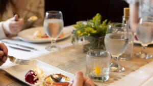 Table with food and glasses of water
