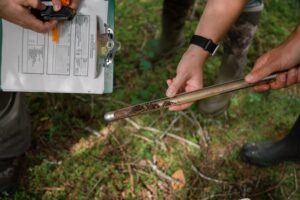 A pair of hands holding a soil core tool