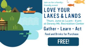 A graphic that says "Love Your Lakes and Lands" with a tent and paddler