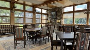 A room with tables and chairs